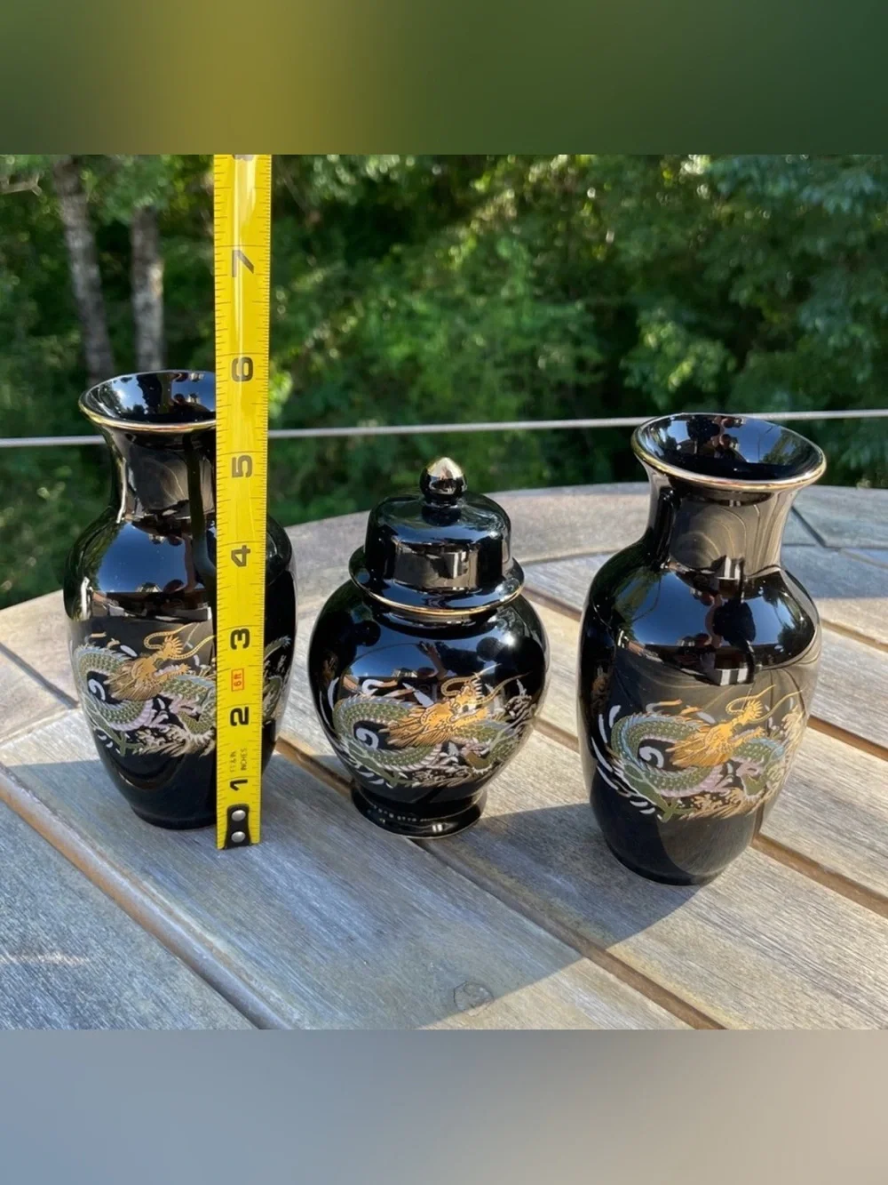 Vintage 3-Pc Black Gold Dragon Ceramic Vases & Ginger Jar⁠